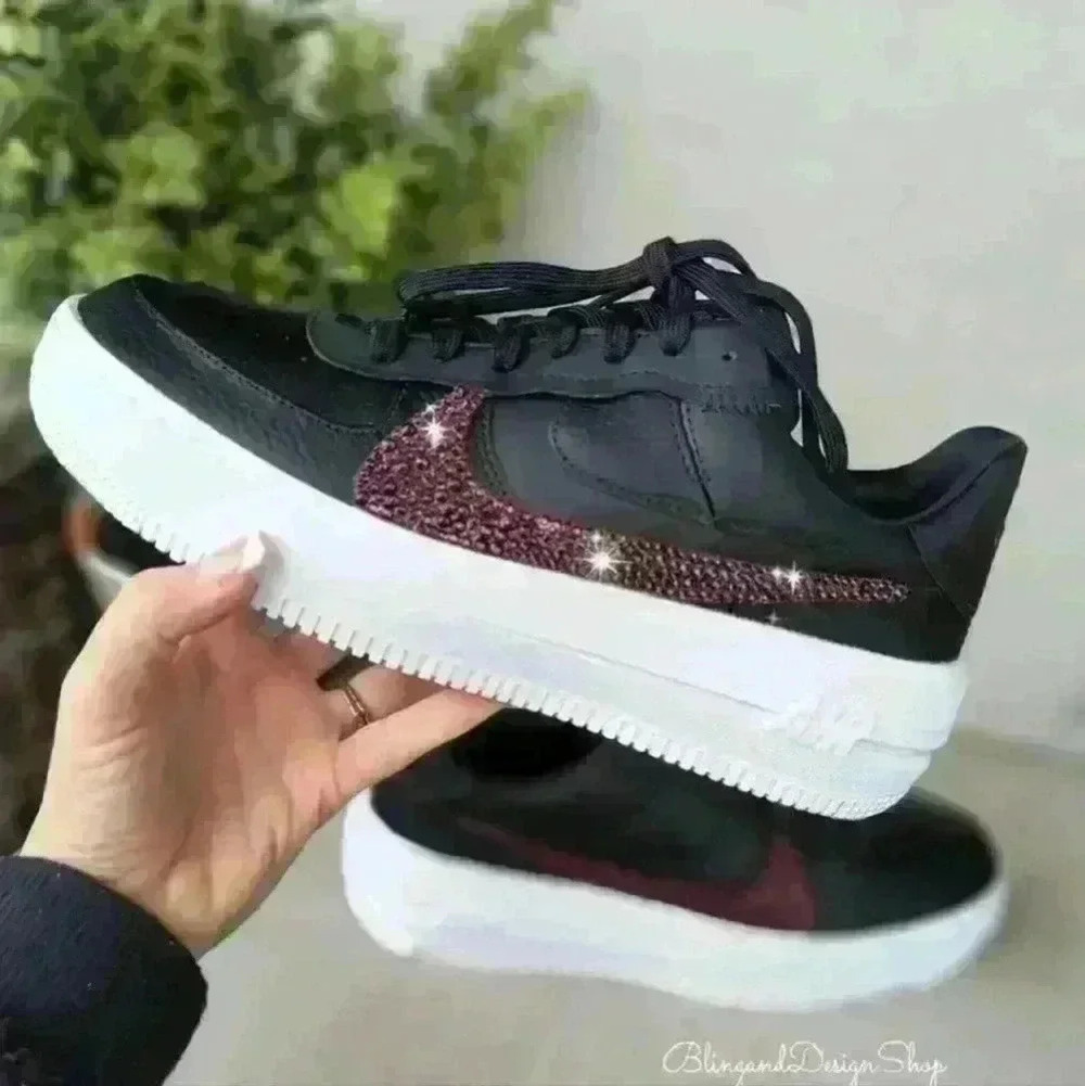 Womens Bling Nike Air Force 1 PLT.AF.ORM Black White Shoes Custom with Crystals - Picture 1 of 10